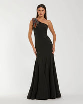 Black Crepe One Shoulder Mermaid Gown With Beading